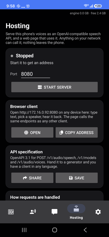 Hosting tab serving an OpenAI-compatible speech API on the local network