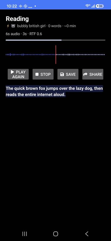 TTS Runner player showing a live waveform while reading an article