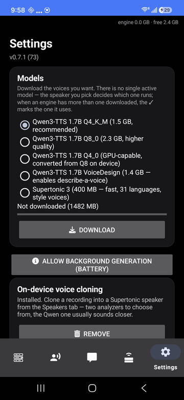 Settings tab with model downloads and backend selection