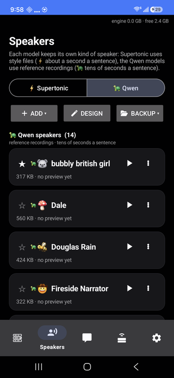 TTS Runner Speakers tab on an Android phone, listing cloned Qwen voices